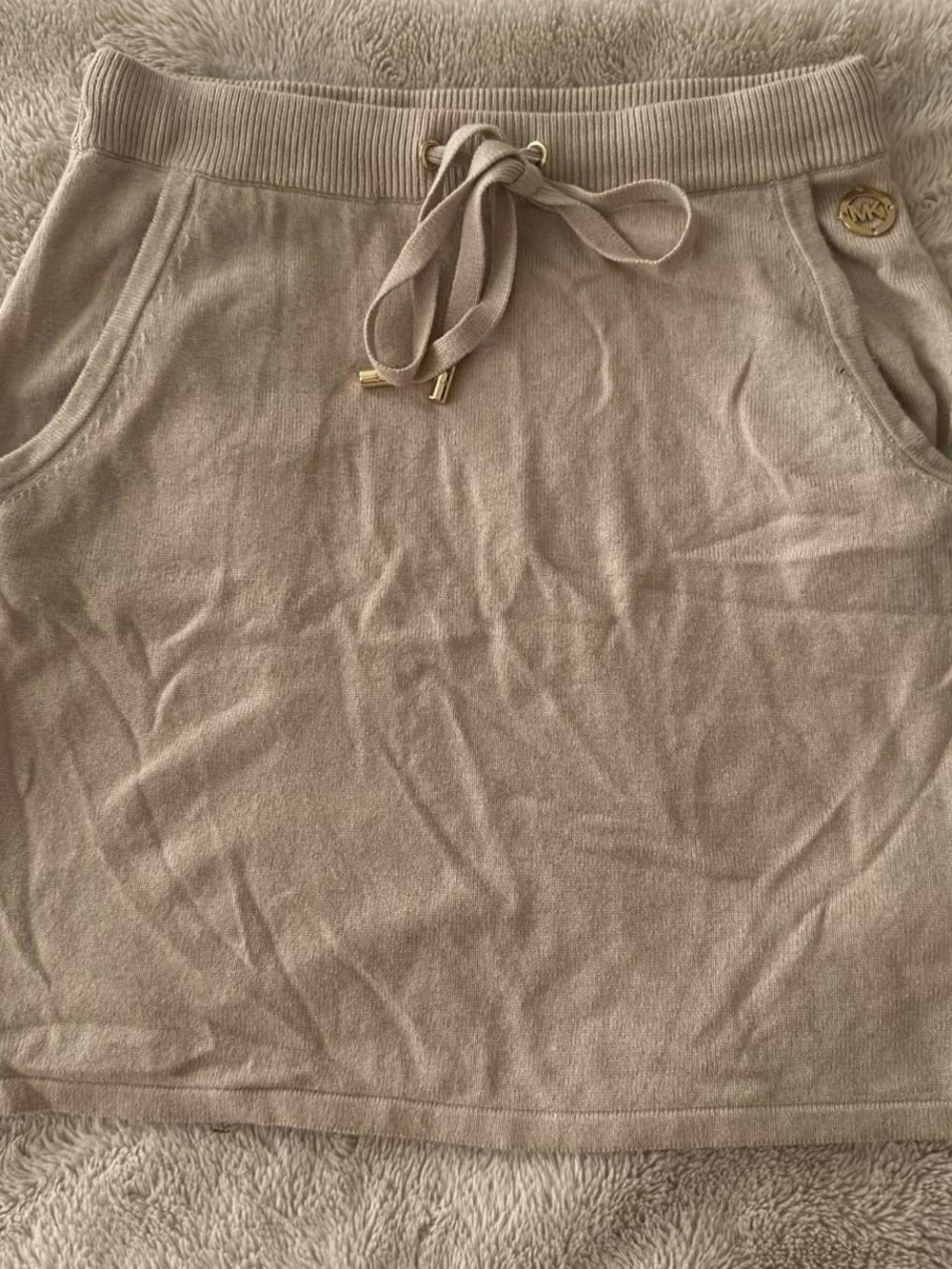 Michael Kors Taupe Knit Drawstring Skirt with Gold Logo